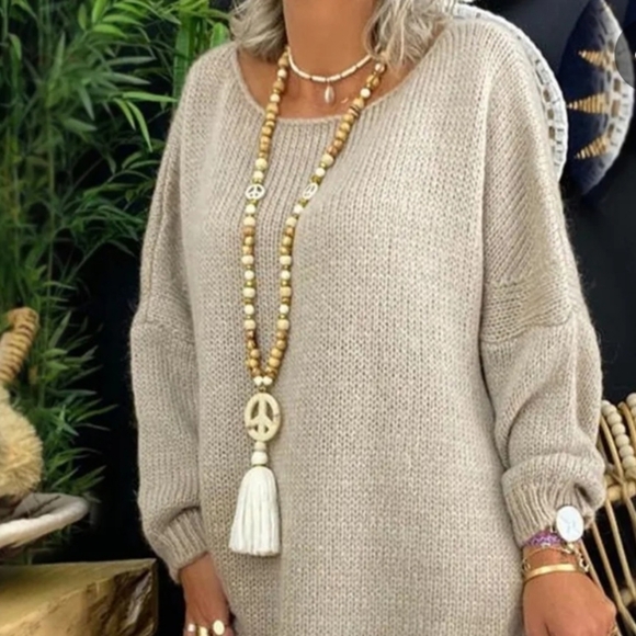 Peace Sign Tassel Wood Beaded Handmade Long Necklace - Picture 9 of 12